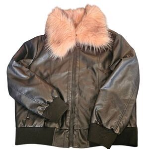 Rocawear Bomber Black Faux Leather Jacket Pink Faux Fur ‎ Sz 1X Extra Large
